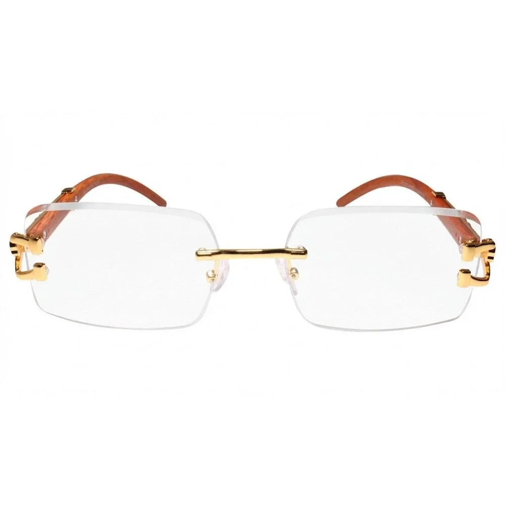 Look Rich Leopard Decor Faux Wood Gold Temple Rimless Hip Hop Clear Lens Glasses